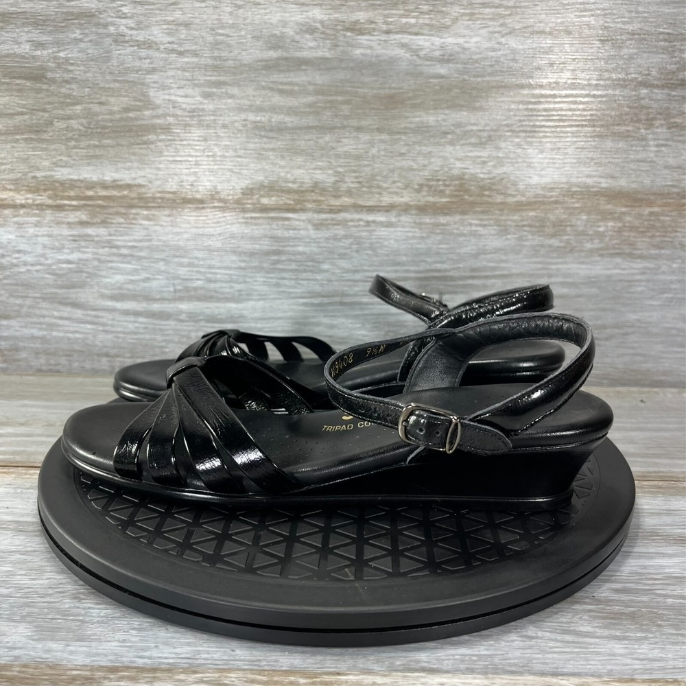 SAS Women's Quarter Strap Black Leather Wedge Strappy Comfort Sandals Size 9.5 N